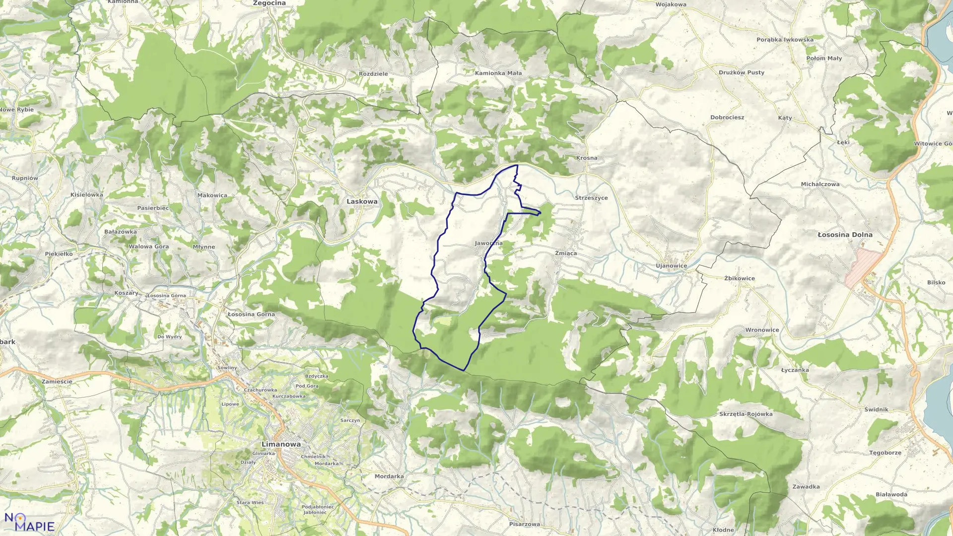 Mapa obrębu Jaworzna w gminie Laskowa